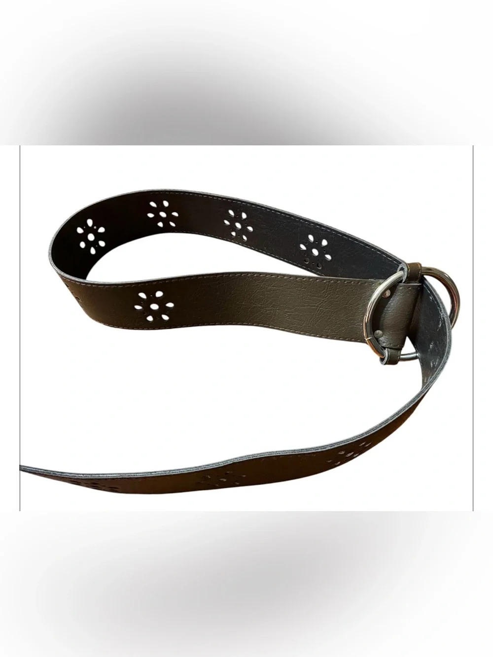 Women's Brown Leather Floral Cutout Belt with Double Ring Buckle